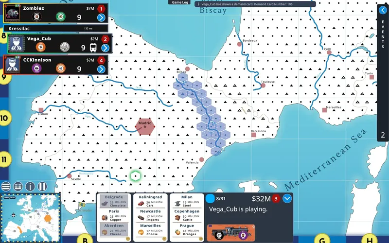 Opening turn on an empty map of Spain and southern France, with demand cards along the bottom of the screen