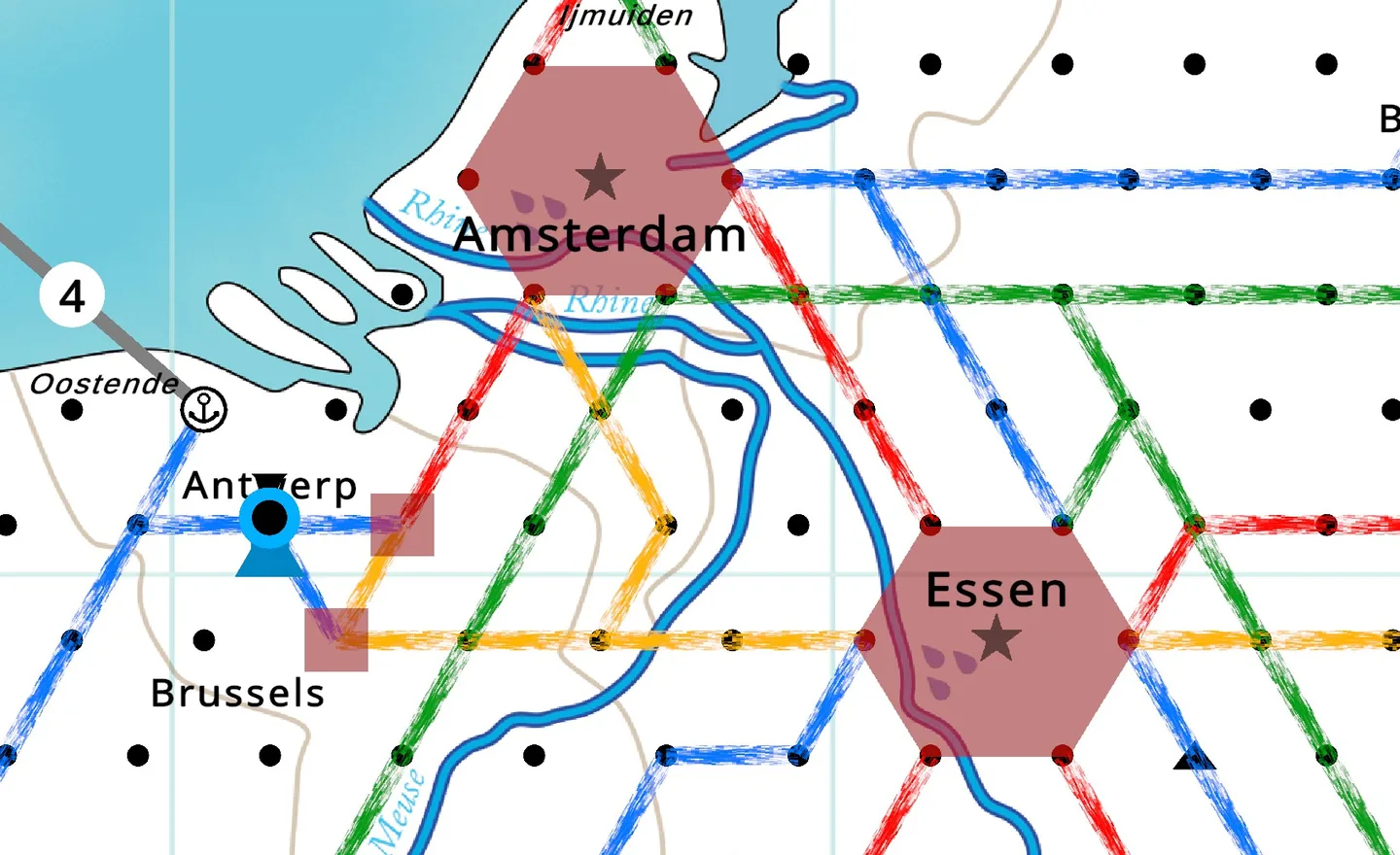 Track around Amsterdam, Antwerp and Essen, with the Rhine and Meuse winding between the mileposts and crossed by several players' routes